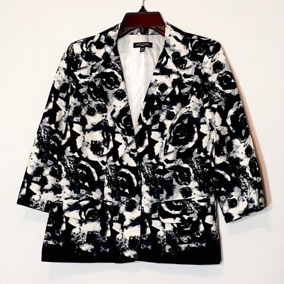NOTATIONS 3/4 Sleeve, Short Floral Jacket; Black/White; Size PM - Picture 1 of 6